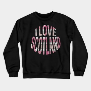 I LOVE SCOTLAND Pink, White and Grey Tartan Colour Typography Design Crewneck Sweatshirt